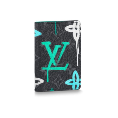 LOUIS VUITTON 品牌大Logo涂鸦图案 涂层帆布 卡包钱包 男款 绿色/黑色